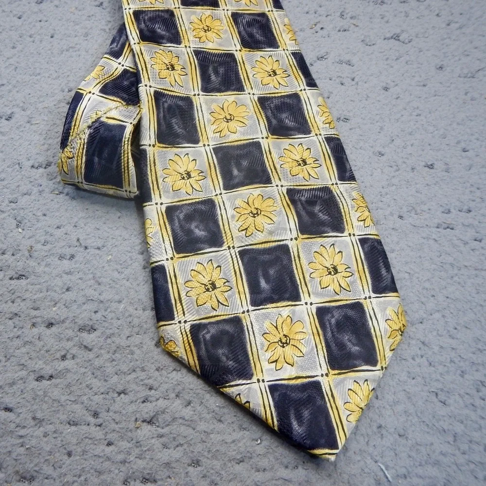 Monsieur Givenchy Tie Blue Yellow Floral Grid Jacquard Silk Classic Geometric